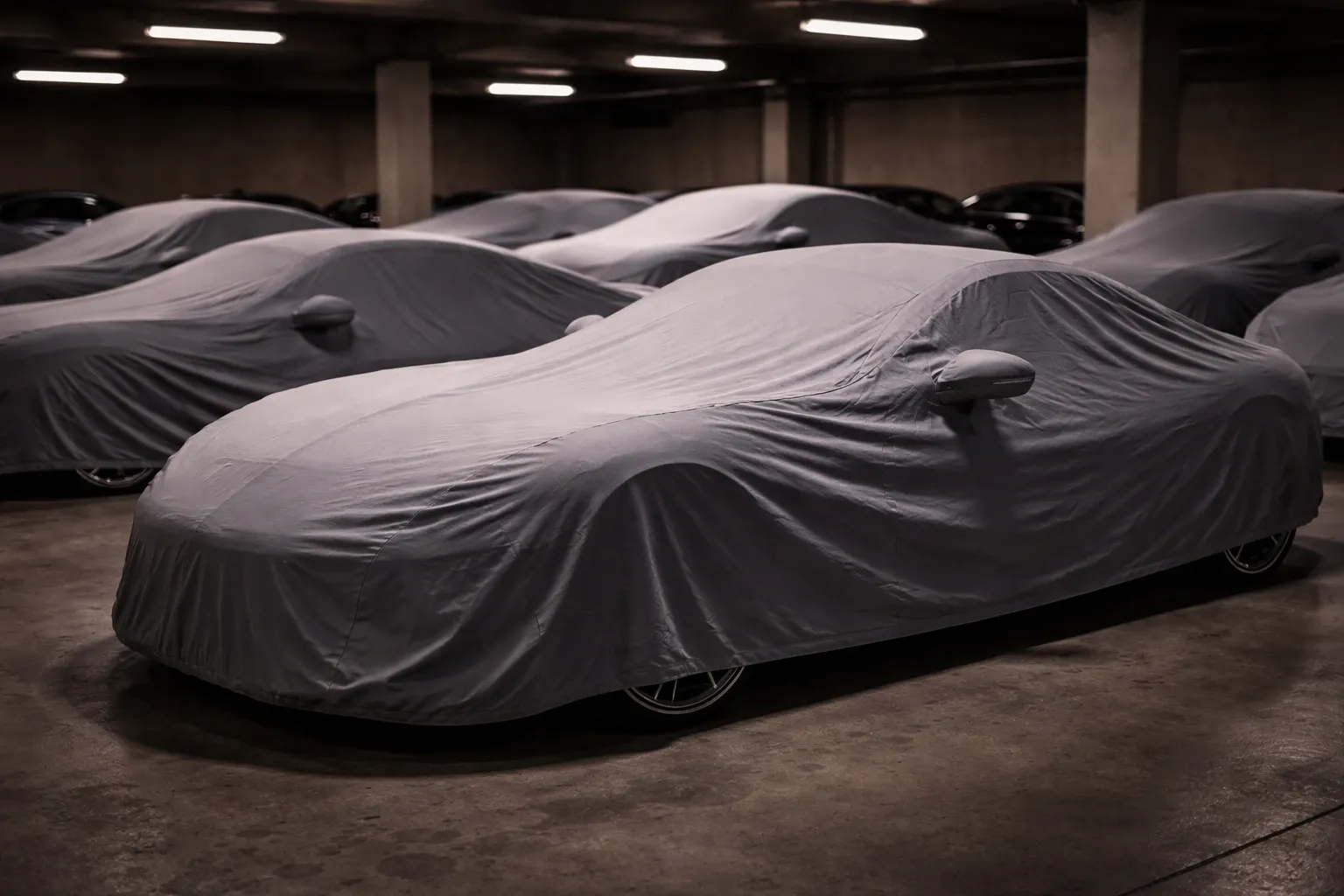 Car covered, in a parking lot.