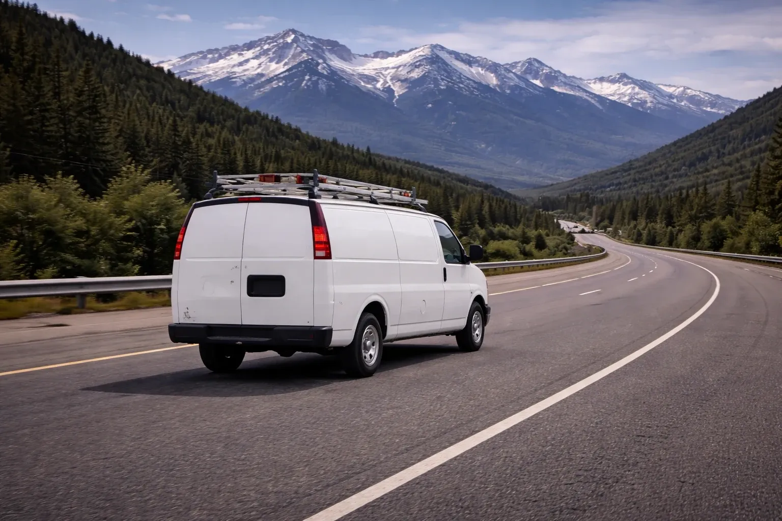 A white van driving on the highway, with mountains in the background.
