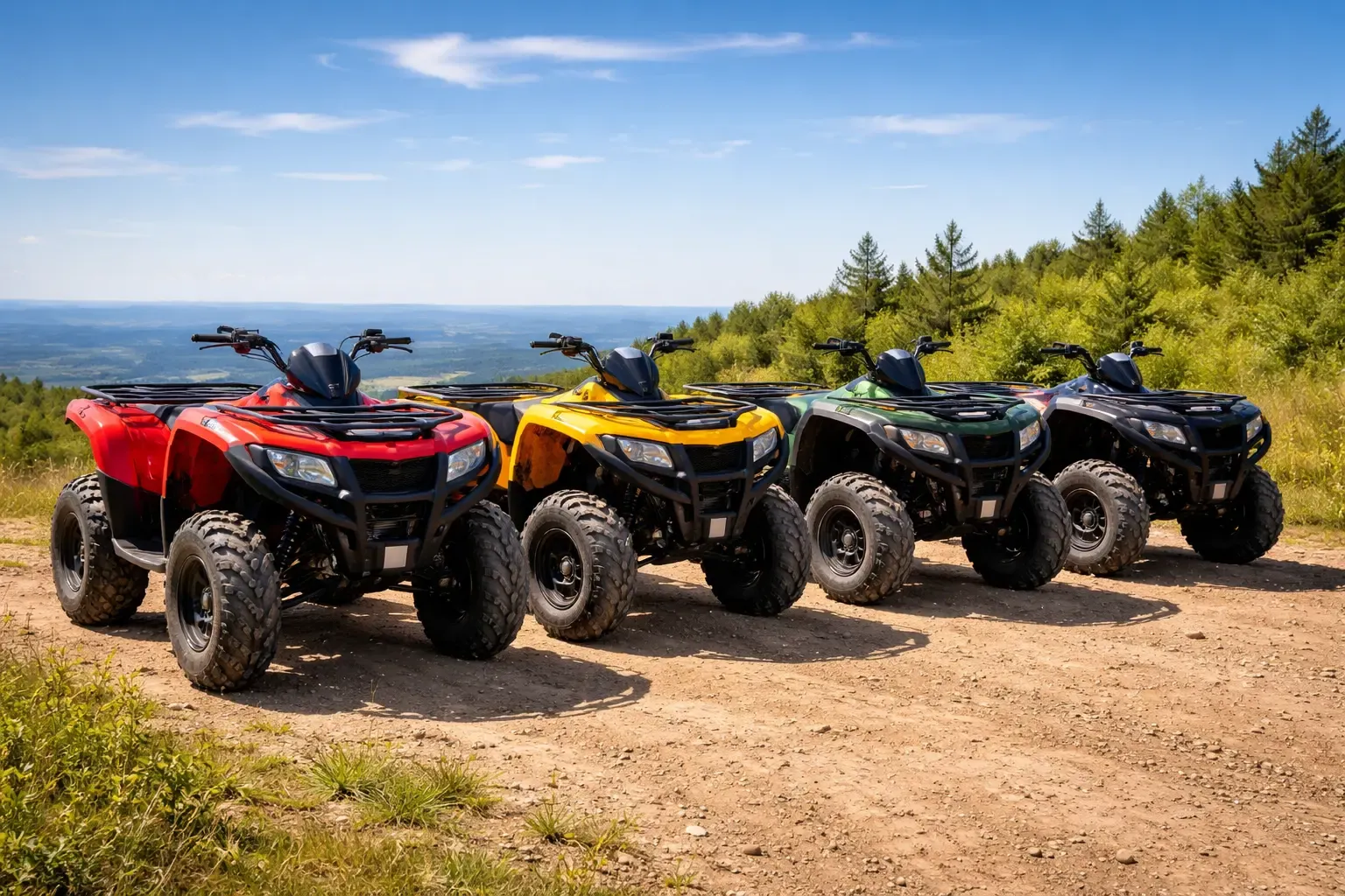 Four ATVs parked on a dirt road.