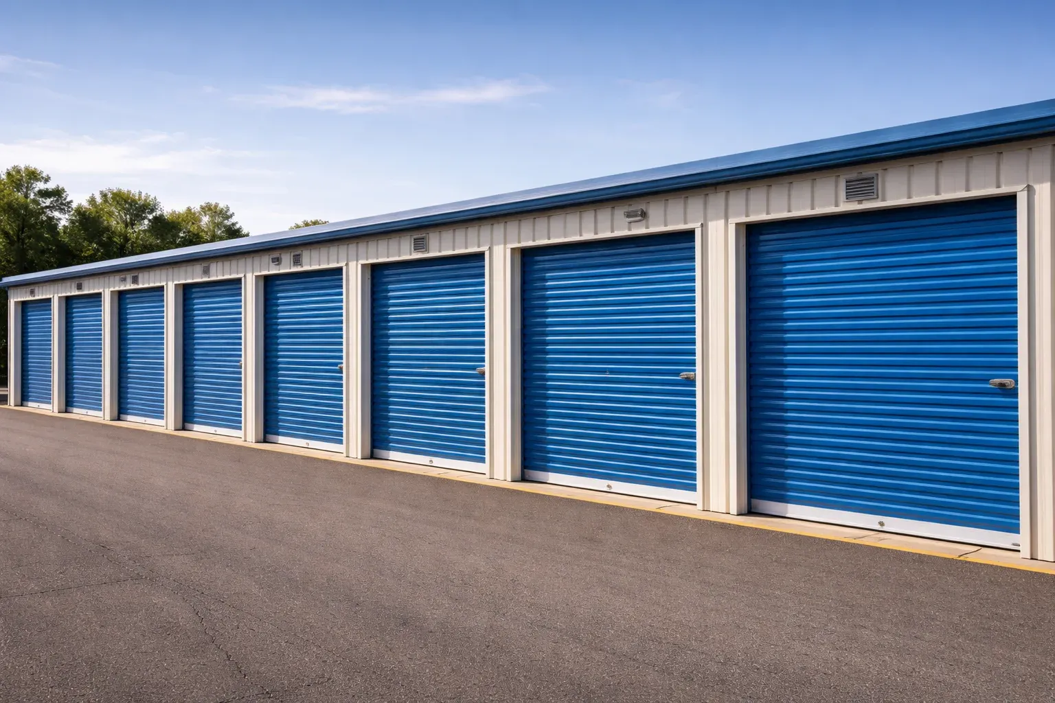 Outside row of blue storage units.
