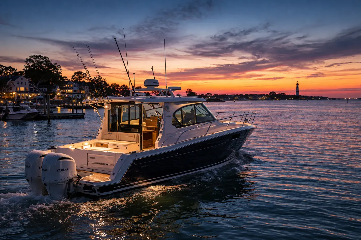 A boat being driven during dusk.