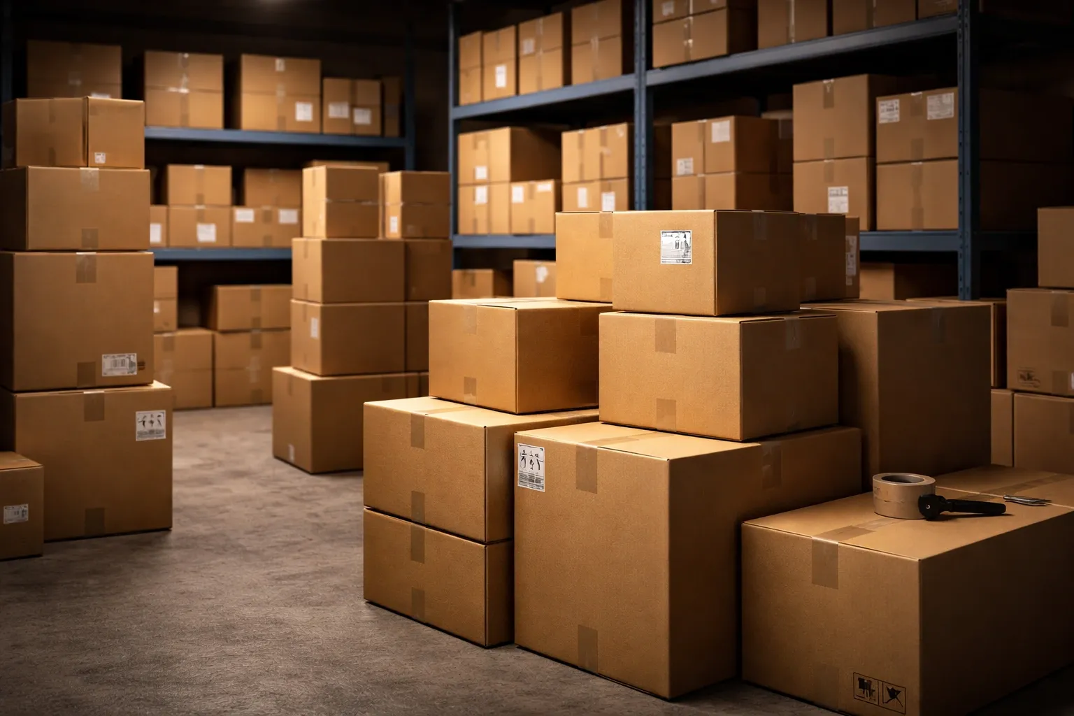 Boxes stacked in a dark room.