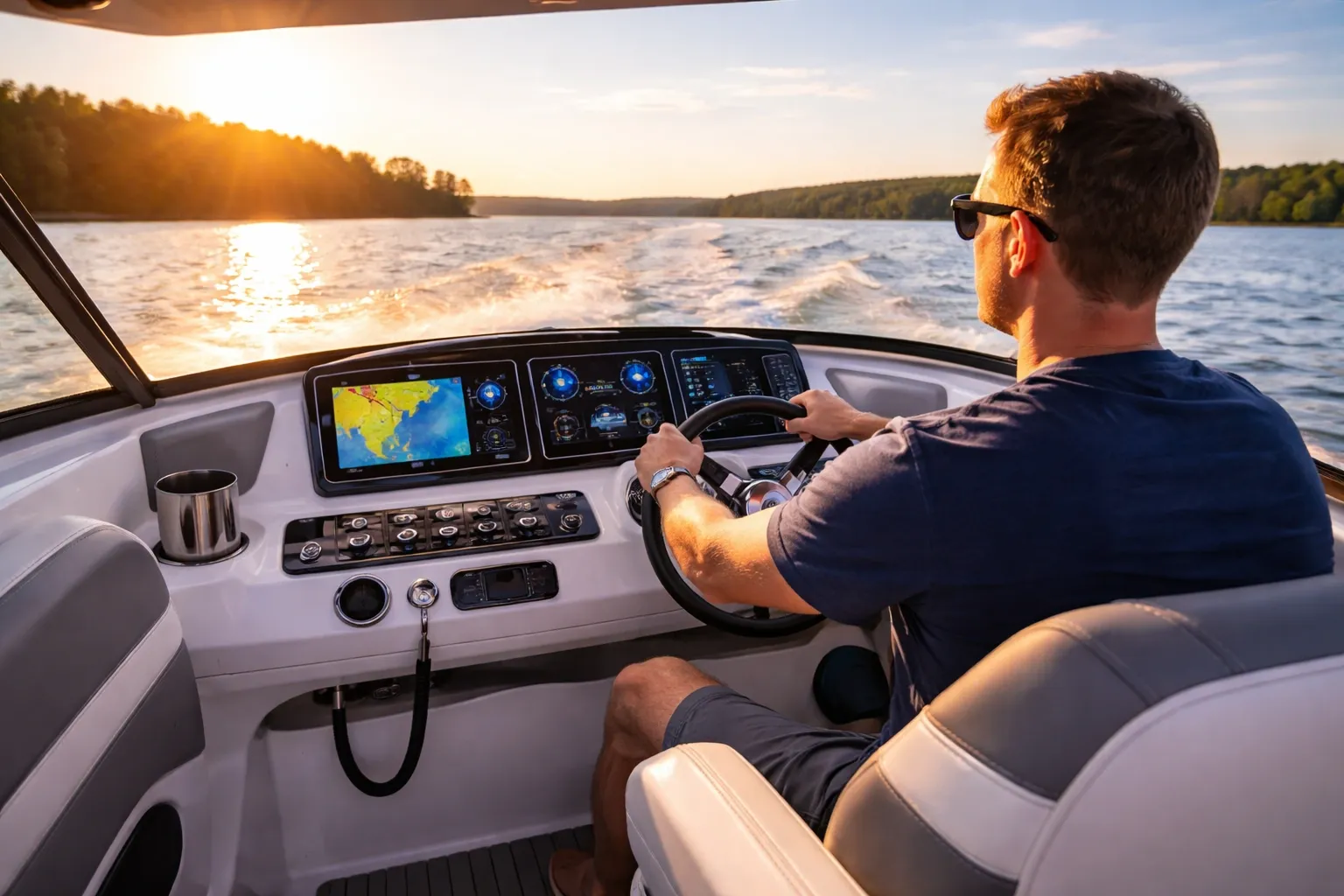 A man driving a boat during a sunset.