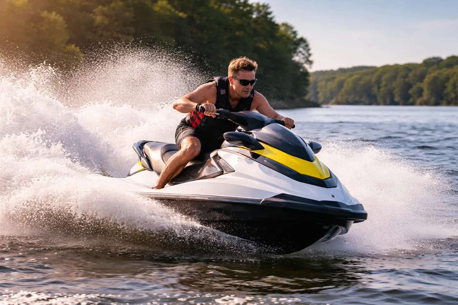 A person driving a jet ski, going fast on a lake.