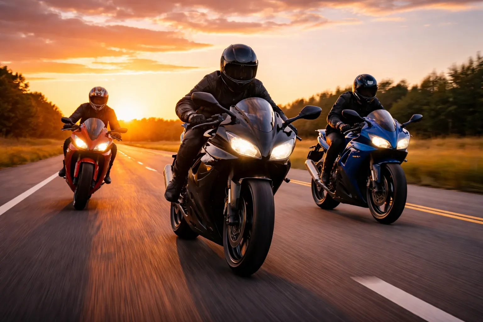 Three people riding motorcycles during a sunset.