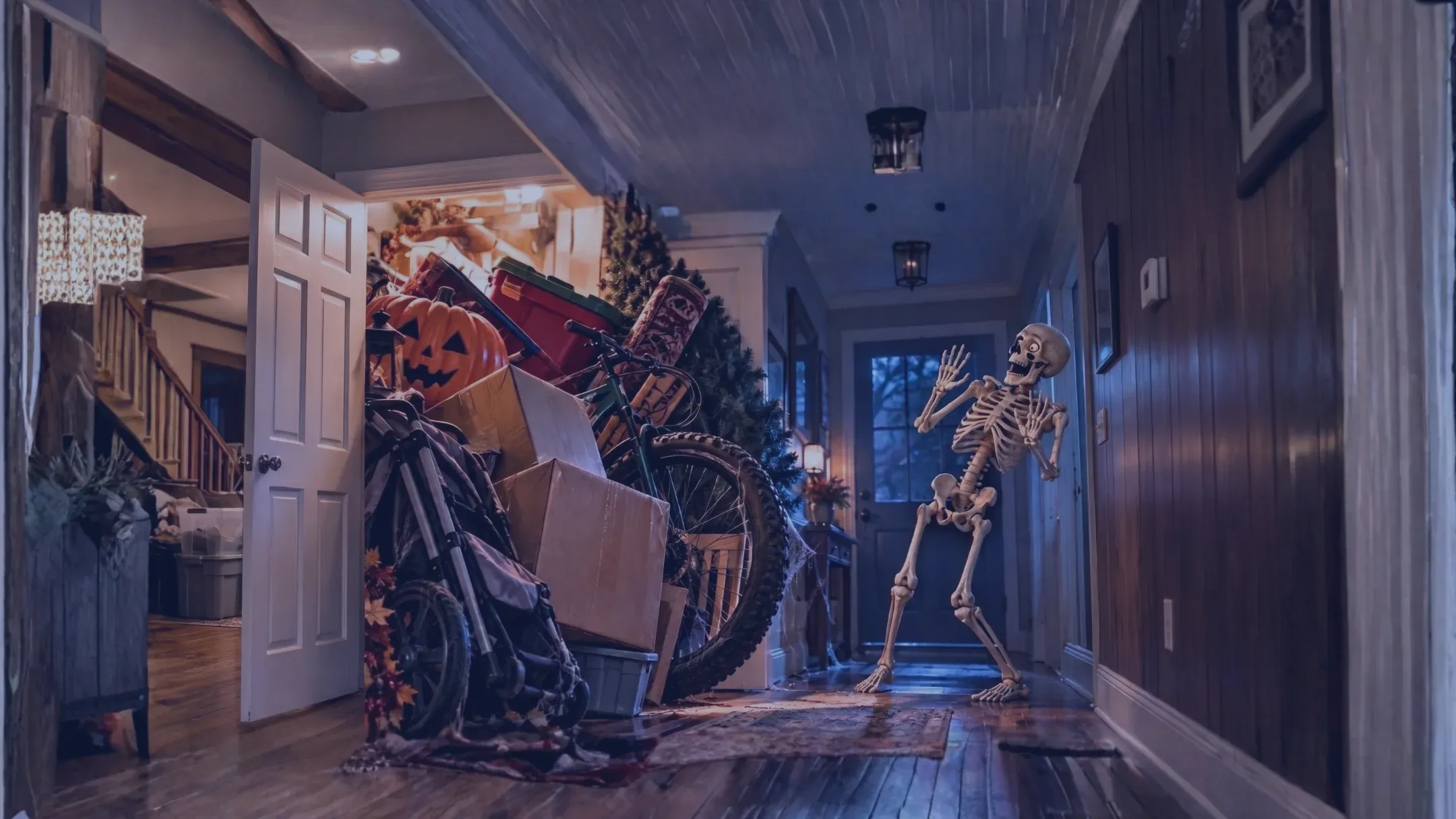Hero Image with Skeleton Scared By the cluttered Closet