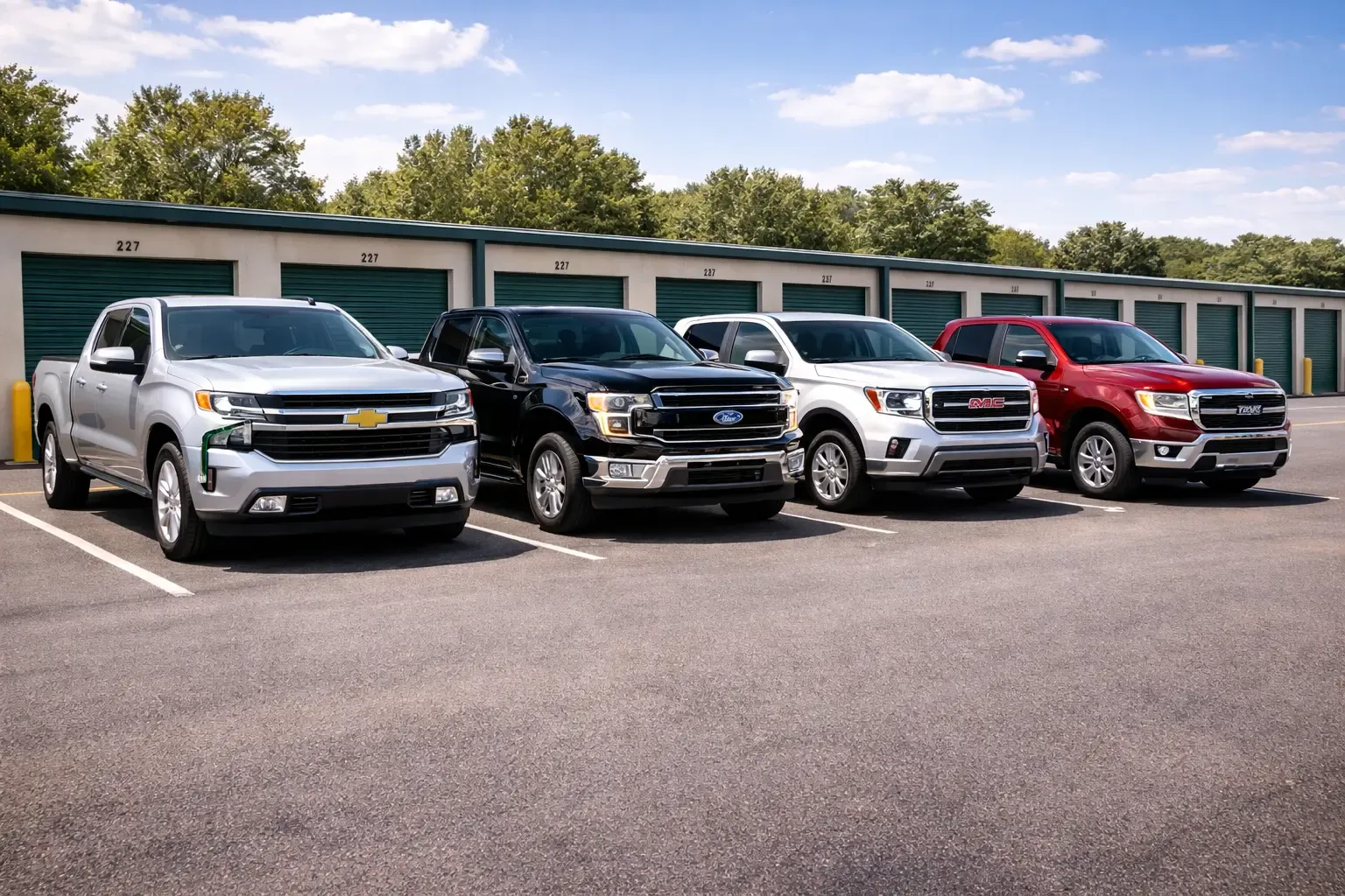 A row of pickup trucks parked in a row together outside storage units.