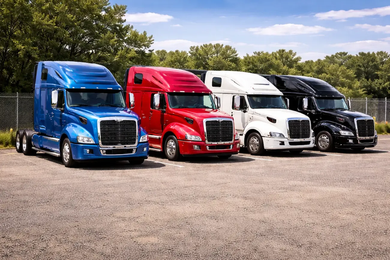 Semi trucks parked together outside.