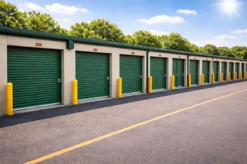 Rows of green storage units outside, on a sunny day.