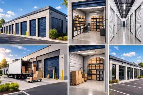A collage of business storage units stacked together.