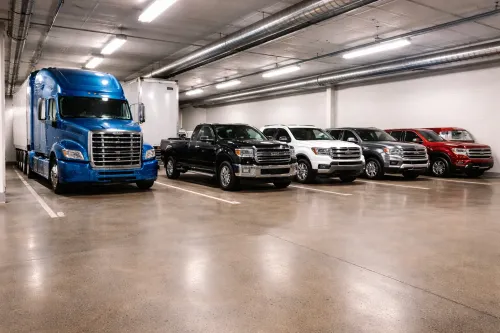 Semi and pickup trucks parked inside storage.