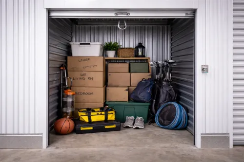 A mini storage unit filled with items.