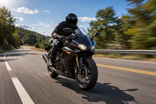 A person driving their motorcycle, speeding on the highway.