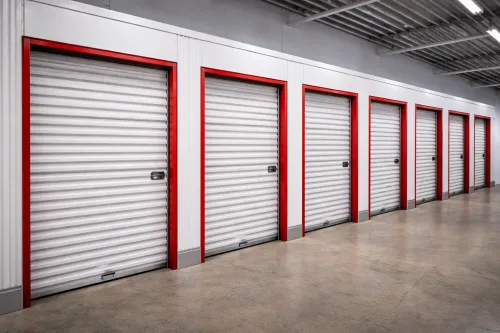 A row of indoor small storage units.