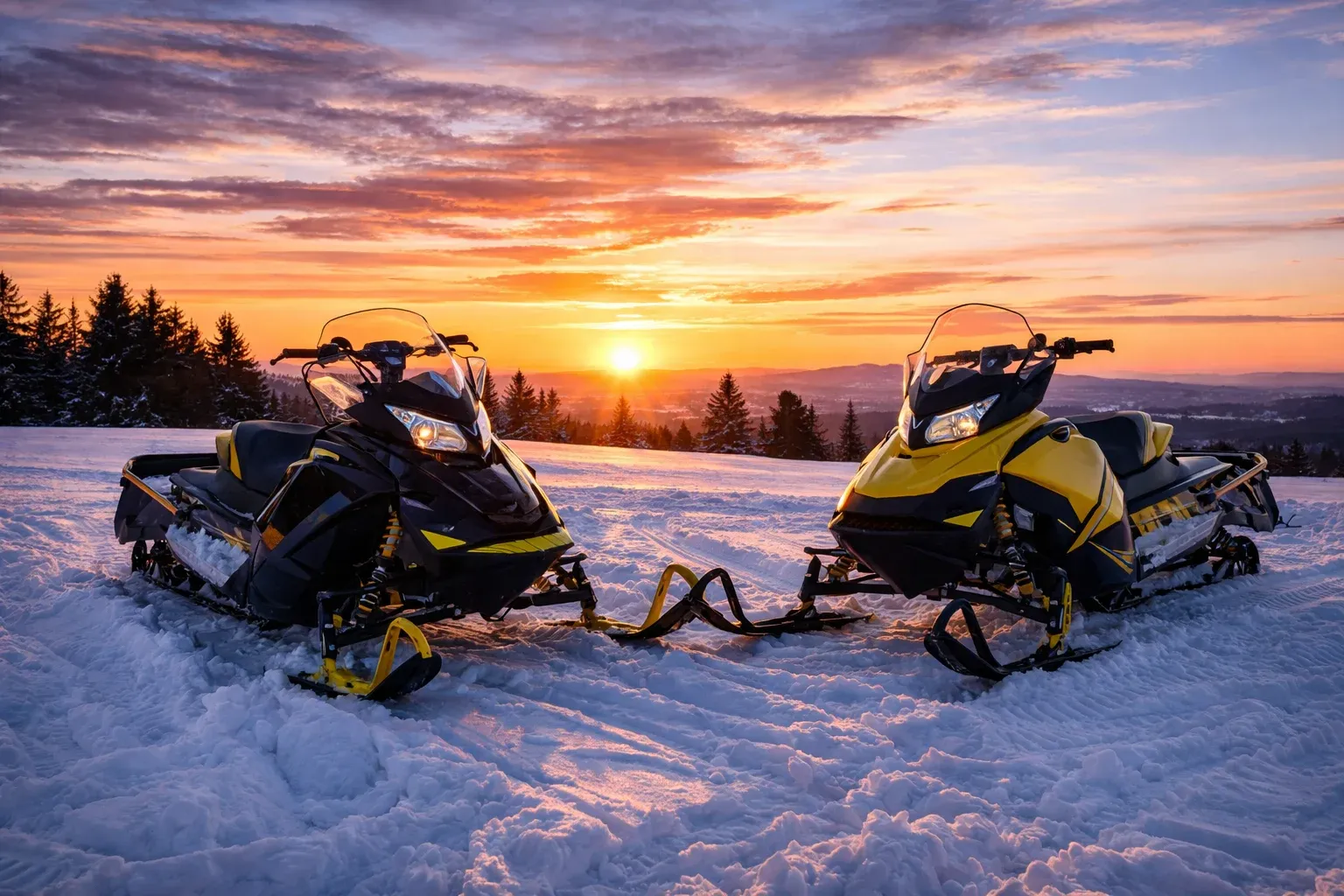 Snowmobiles parked together during a sunset.