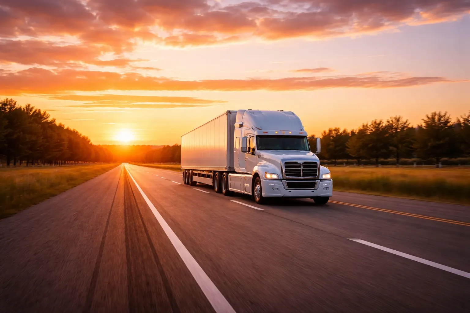 A truck driving on the highway during a sunset.